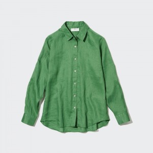 Blusa Uniqlo 100pct Premium Linen Shirt Mujer Verde | 802-GVODKZ