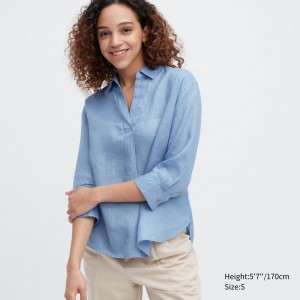 Blusa Uniqlo 100pct Premium Linen Skipper Collar 34 Sleeved Shirt Mujer Azules | 248-AFOJBY