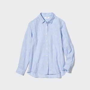 Blusa Uniqlo 100pct Premium Linen Striped Long Sleeved Shirt Mujer Azules Claro | 021-YDBKRH