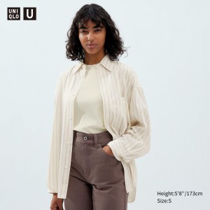 Blusa Uniqlo Drape Striped Long Sleeved Shirt Mujer Beige | 403-ATXIYQ