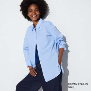 Blusa Uniqlo Extra Fine Cotton Shirt Mujer Azules | 517-ANJLOD