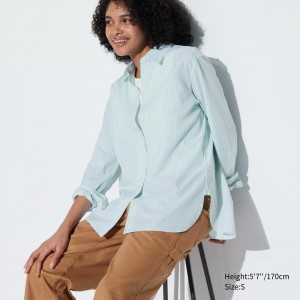 Blusa Uniqlo Extra Fine Cotton Striped Long Sleeved Shirt Mujer Verde | 219-MZOPRK