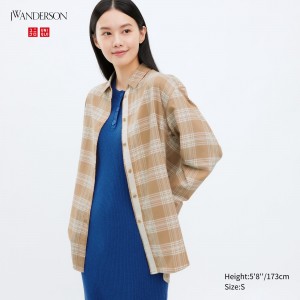 Blusa Uniqlo Flannel Checked Longline Shirt Mujer Beige | 420-CNWKBD