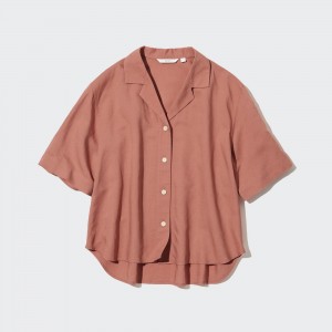 Blusa Uniqlo Linen Blend Open Collar Short Sleeved Shirt Mujer Marrones | 214-NHFRGW