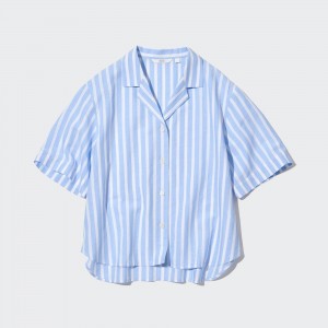 Blusa Uniqlo Linen Blend Striped Open Collar Short Sleeved Shirt Mujer Azules Claro | 042-YSAPLK