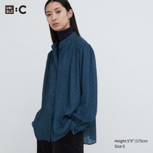 Blusa Uniqlo Printed Volume Blouse Mujer Azules | 351-XVJLQC