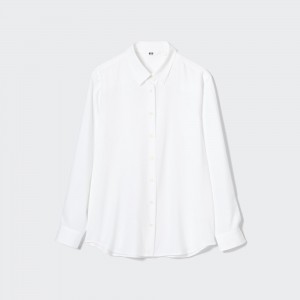 Blusa Uniqlo Rayon Long Sleeved Blouse 2021 Season Mujer Blancas | 679-PVCOBX