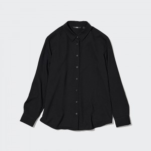 Blusa Uniqlo Rayon Long Sleeved Blouse Mujer Negras | 589-BZWXVP