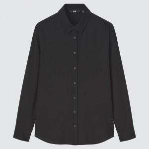 Blusa Uniqlo Rayon Long Sleeved Blouse Mujer Negras | 378-PXKJNR