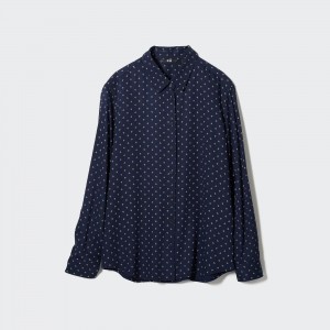 Blusa Uniqlo Rayon Printed Long Sleeved Blouse Mujer Azul Marino | 852-AOKVZE