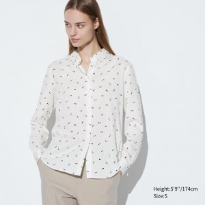 Blusa Uniqlo Rayon Printed Long Sleeved Blouse Mujer Blancas | 456-TXJCZU