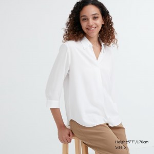 Blusa Uniqlo Rayon Skipper Collar 34 Sleeved Blouse Mujer Blancas | 410-STFMCE