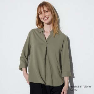 Blusa Uniqlo Rayon Skipper Collar 34 Sleeved Blouse Mujer Verde Oliva | 367-EJWPAZ