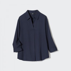 Blusa Uniqlo Rayon Striped Skipper Collar 34 Sleeved Blouse Mujer Azul Marino | 257-VHEKWC