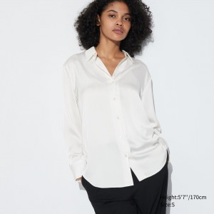 Blusa Uniqlo Satin Long Sleeved Blouse Mujer Blancas | 629-CGNFIV