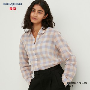 Blusa Uniqlo Sheer Cotton Checked Shirt Mujer Beige | 571-QFJDOI