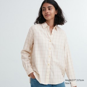 Blusa Uniqlo Soft Brushed Checked Long Sleeved Shirt Mujer Blancas | 138-UBYAFG