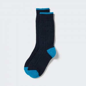 Calcetines Uniqlo Heattech Cable Knit Thermal Socks Mujer Azul Marino | 639-LRHGWB