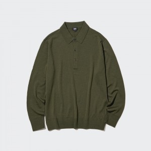 Camisa Polo Uniqlo 100pct Extra Fine Merino Knitted Long Sleeved Polo Shirt Hombre Verde Oliva | 604-NYOTAU