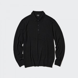 Camisa Polo Uniqlo 100pct Extra Fine Merino Knit Long Sleeved Polo Shirt Hombre Negras | 130-WPJGAS