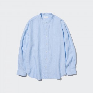 Camisas Uniqlo 100pct Premium Linen Regular FiT-Shirt Grandad Collar Hombre Azules | 472-HGZERP