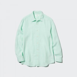 Camisas Uniqlo 100pct Premium Linen Regular FiT-Shirt Regular Collar Hombre Verde Claro | 162-LGVSTH