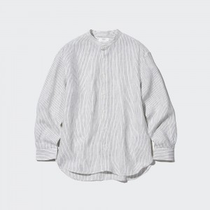 Camisas Uniqlo 100pct Premium Linen Striped Regular FiT-Shirt Grandad Collar Hombre Azules | 920-WOCFZB