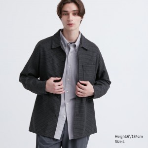 Camisas Uniqlo Brushed Twill Checked Long Sleeved Overshirt Hombre Gris Oscuro | 035-KIGOLD