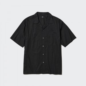 Camisas Uniqlo Cotton Blend Casual Short Sleeved Shirt Open Collar Hombre Negras | 469-MPRZTD