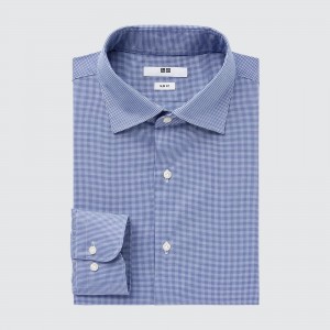 Camisas Uniqlo Easy Care Broadcloth Stretch Slim FiT-Shirt Semi Cutaway Collar Hombre Azules | 358-ORTMBY