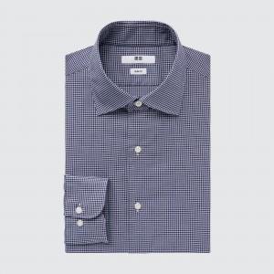Camisas Uniqlo Easy Care Stretch Slim Fit Checked Shirt Semi Cutaway Collar Hombre Azul Marino | 725-BMZWGA