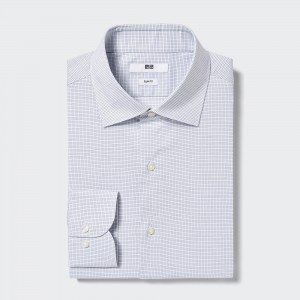 Camisas Uniqlo Easy Care Stretch Slim Fit Checked Shirt Semi Cutaway Collar Hombre Azules | 931-LZTVJB