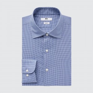 Camisas Uniqlo Easy Care Stretch Slim Fit Checked Shirt Semi Cutaway Collar Hombre Azules | 367-TYPHOS
