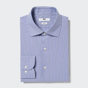 Camisas Uniqlo Easy Care Stretch Slim Fit Striped Shirt Semi Cutaway Collar Hombre Azules | 927-BHLFVZ