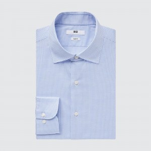 Camisas Uniqlo Easy Care Stretch Slim Fit Checked Shirt Semi Cutaway Collar Hombre Azules | 305-GRUNMW
