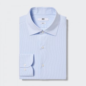 Camisas Uniqlo Easy Care Stretch Slim Fit Striped Shirt Semi Cutaway Collar Hombre Azules | 069-YNDWIA