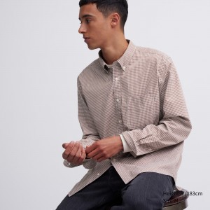 Camisas Uniqlo Extra Fine Cotton Broadcloth Regular Fit Checked Shirt Button Down Collar Hombre Marrones | 790-WLDIJC