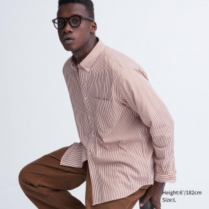 Camisas Uniqlo Extra Fine Cotton Broadcloth Regular Fit Striped Shirt Button Down Collar Hombre Naranjas | 987-CSYIFT