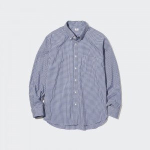 Camisas Uniqlo Extra Fine Cotton Broadcloth Long Sleeve Shirt Hombre Azules | 619-JUZSAG