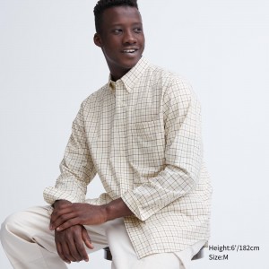 Camisas Uniqlo Extra Fine Cotton Broadcloth Regular Fit Checked Shirt Button Down Collar Hombre Blancas | 458-KHYFUL