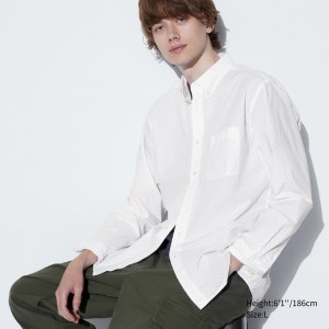Camisas Uniqlo Extra Fine Cotton Broadcloth Printed Shirt Button Down Collar Hombre Blancas | 439-NOJDGP