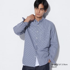 Camisas Uniqlo Extra Fine Cotton Broadcloth Regular Fit Checked Shirt Button Down Collar Hombre Azules | 357-RFLTHB