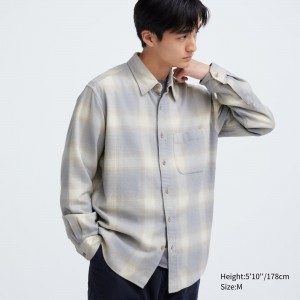 Camisas Uniqlo Flannel Checked Shirt Hombre Gris | 593-WTUHSJ