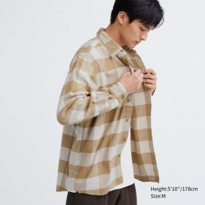 Camisas Uniqlo Flannel Checked Shirt Hombre Beige | 396-ZCMDJU