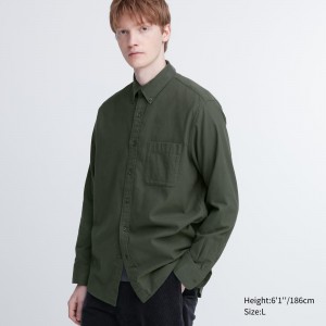 Camisas Uniqlo Flannel Regular FiT-Shirt Hombre Verde Oliva | 382-XIRFVD