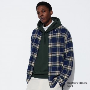 Camisas Uniqlo Flannel Regular Fit Checked Shirt Regular Collar Hombre Azules | 625-QCUPJX