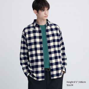 Camisas Uniqlo Flannel Regular Fit Checked Shirt Regular Collar Hombre Blancas | 301-CDVMEZ
