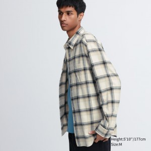 Camisas Uniqlo Flannel Regular Fit Checked Shirt Regular Collar Hombre Beige | 268-CEATKB