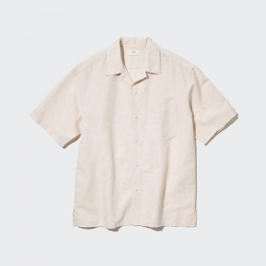 Camisas Uniqlo Linen Blend Short Sleeved Shirt Open Collar Hombre Beige | 134-EFJNKQ