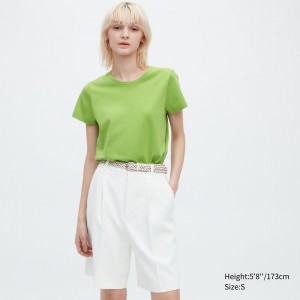 Camiseta Uniqlo 100pct Supima Cotton Crew Neck Short Sleeved T-Shirt Mujer Verde | 461-DWEBVN